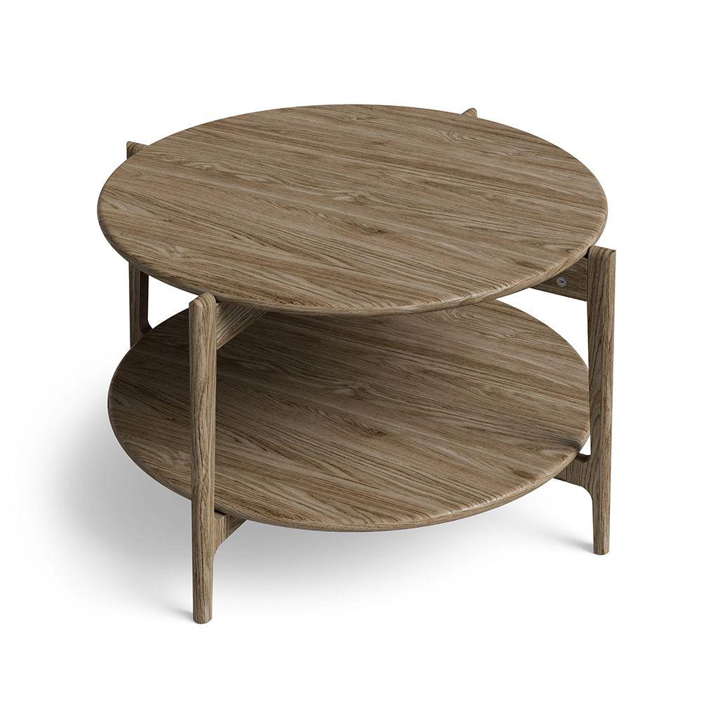 Runt soffbord i ljus ek med två nivåer och smal träram, skandinavisk design