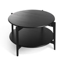 Runt soffbord i svart med två våningar och metallben, modernt scandinavisk design