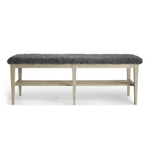 Bänk med grå fårskinnssits och ljust trästomme med förvaring