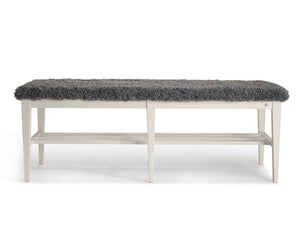 Långbänk med ljust trästomme och grå fluffig sits, inklusive hylla under sittdynan