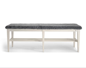 Vit hallbänk med grå teddy-sits och förvaring, praktisk skobänk med hylla