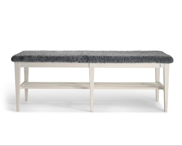 Vit hallbänk med grå teddy-sits och förvaring, praktisk skobänk med hylla