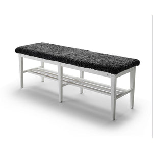 Hallbänk med vit metallstomme, svart fluffig sits och skoförvaring under