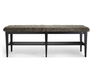 Bänk med svart träram och grå teddy-sits, öppen hylla under för förvaring