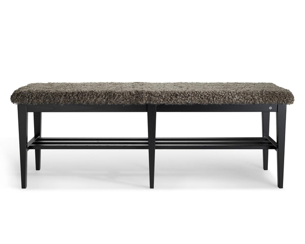 Bänk med svart träram och grå teddy-sits, öppen hylla under för förvaring