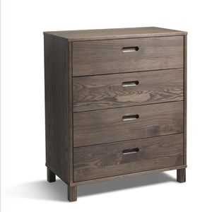 Byrå med fyra lådor i mörkbrunt trä med synlig trästruktur och smala handtag