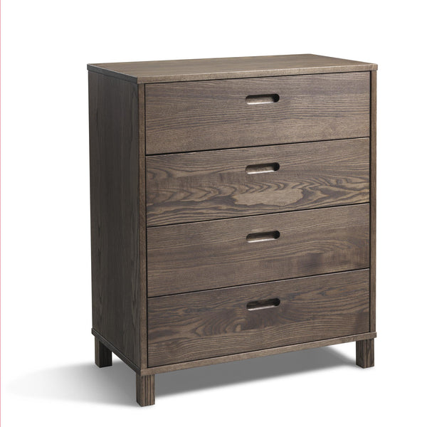 Byrå med fyra lådor i mörkbrunt trä med synlig trästruktur och smala handtag