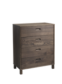 Brun byrå med fyra lådor i trä med handtag, modern design på vita ben