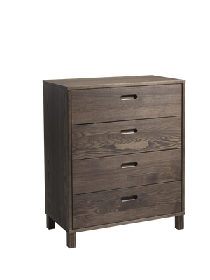 Brun byrå med fyra lådor i trä med handtag, modern design på vita ben