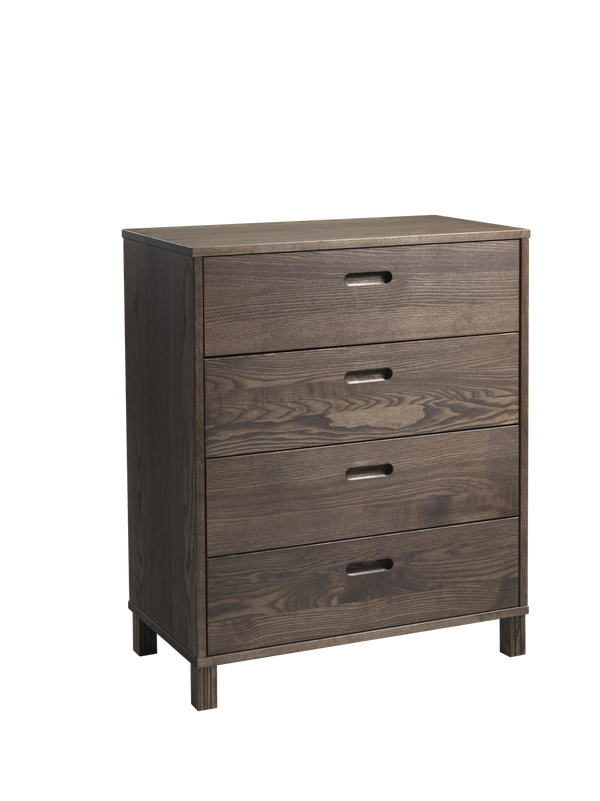 Brun byrå med fyra lådor i trä med handtag, modern design på vita ben