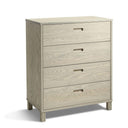 Byrå med fyra lådor i ljust trä med handtag, moderna ben och synlig trästruktur