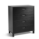 Svart byrå med fyra lådor och metallhandtag på ben, modern förvaring för sovrum