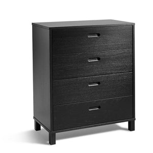 Svart byrå med fyra lådor och metallhandtag på ben, modern förvaring för sovrum