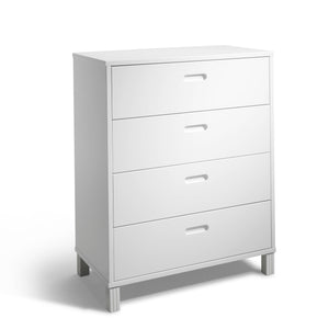 Vit byrå med fyra lådor och grå handtag på ben, modern skandinavisk design för sovrum