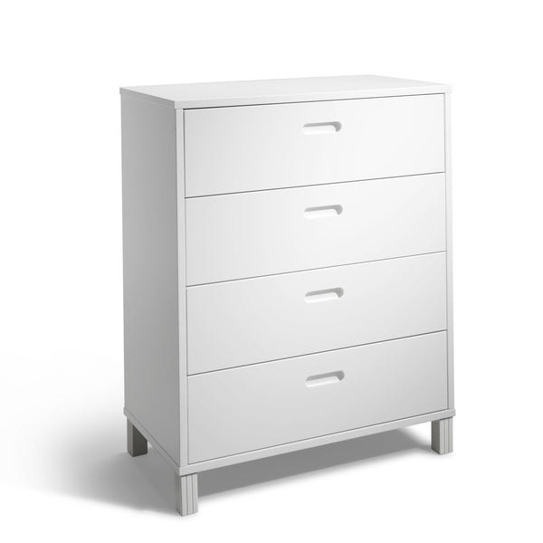 Vit byrå med fyra lådor och grå handtag på ben, modern skandinavisk design för sovrum