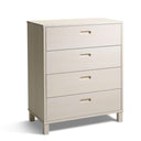 Vit byrå med fyra lådor och infrästa handtag i modern skandinavisk stil