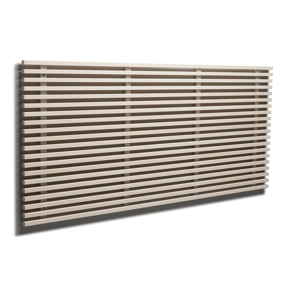 Väggmonterad designradiator med horisontella ribbor i beige och bruna nyanser, modern skandinavisk stil