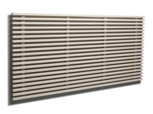 Modern väggmonterad radiator med horisontella lameller i beige och grå toner, designradiator för uppvärmning
