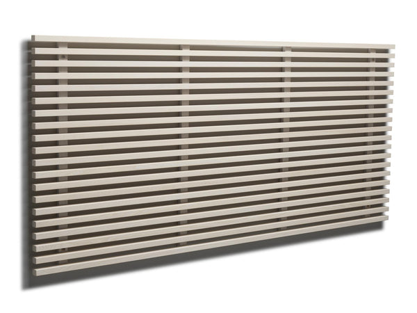 Modern väggmonterad radiator med horisontella lameller i beige och grå toner, designradiator för uppvärmning