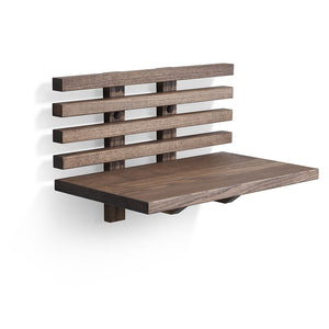 Väggmonterad duschpall i mörkbrunt trä med ribbad ryggstöd och hopfällbar sits