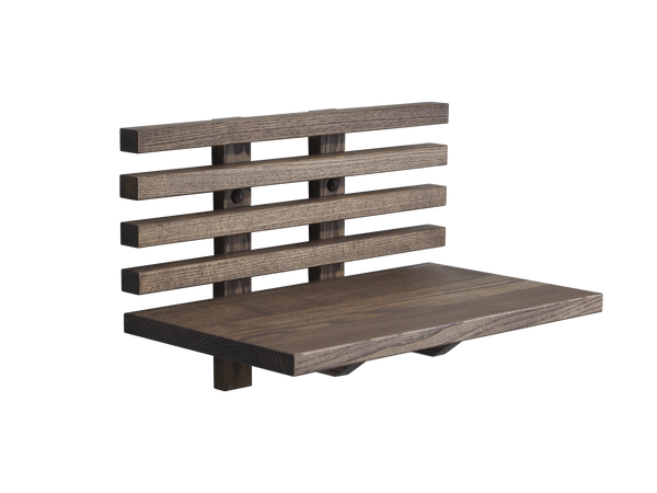 Träväggmonterad hylla med ribbad rygg i mörkbrun finish, modern design för förvaring