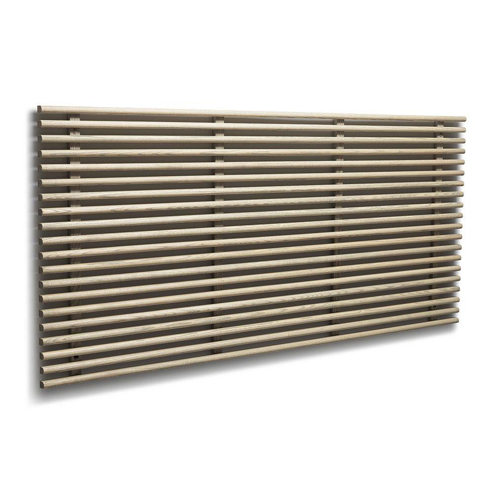 Träpanel med horisontella ribbor i beige/natur, väggmonterad designradiator eller rumsavdelare