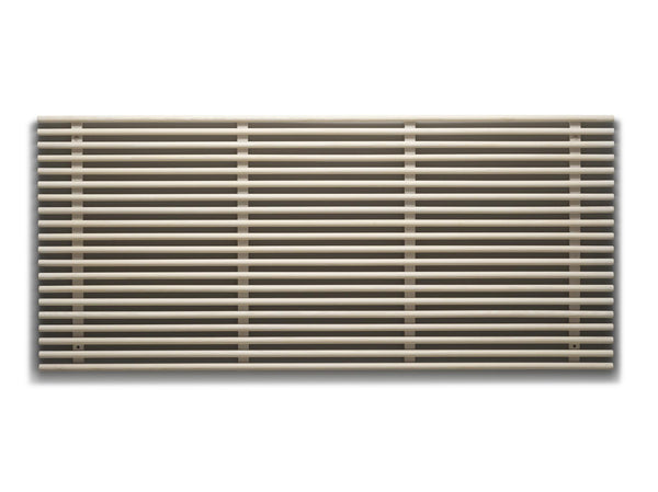 Ventilationsgaller i metall med horisontella lameller och vertikal ram, perfekt för vägg- eller takmontage