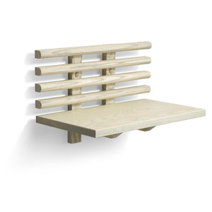 Hopfällbar väggmonterad träbänk med ribbad rygg i ljust trä