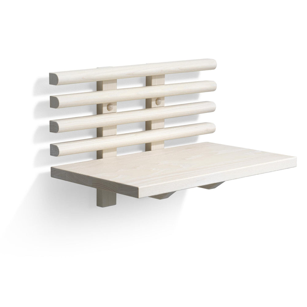 Ljus träbänk med ryggstöd i skandinavisk design, väggmonterad hopfällbar bänk för bastu eller utomhusbruk