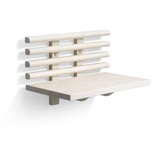 Ljus träbänk med ryggstöd i skandinavisk design, väggmonterad hopfällbar bänk för bastu eller utomhusbruk