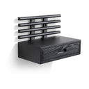 Svart väggmonterad sängbord med låda och hylla i trä med moderna horisontella ribbor