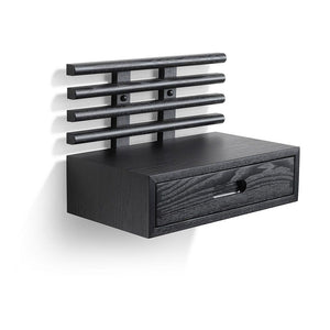 Svart väggmonterad sängbord med låda och hylla i trä med moderna horisontella ribbor