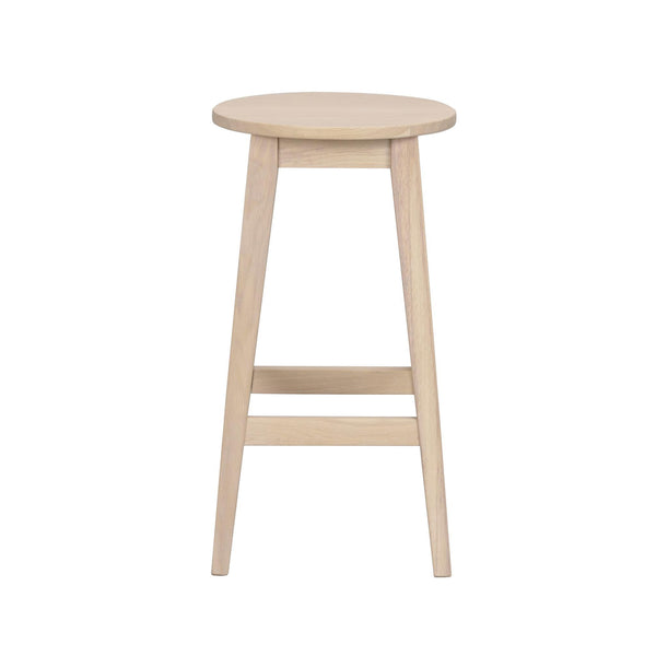 Ljus träpall med rund sits och tre ben, skandinavisk design med fotstöd