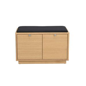 Hallbänk i ljust trä med svart stoppad dyna och två skjutdörrar för förvaring