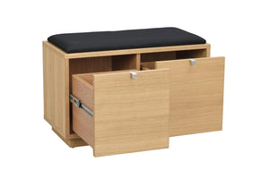 Hallbänk i ekfanér med svart dyna och två utdragna förvaringslådor med metallskenor