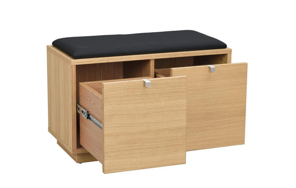 Hallbänk i ekfanér med svart dyna och två utdragna förvaringslådor med metallskenor