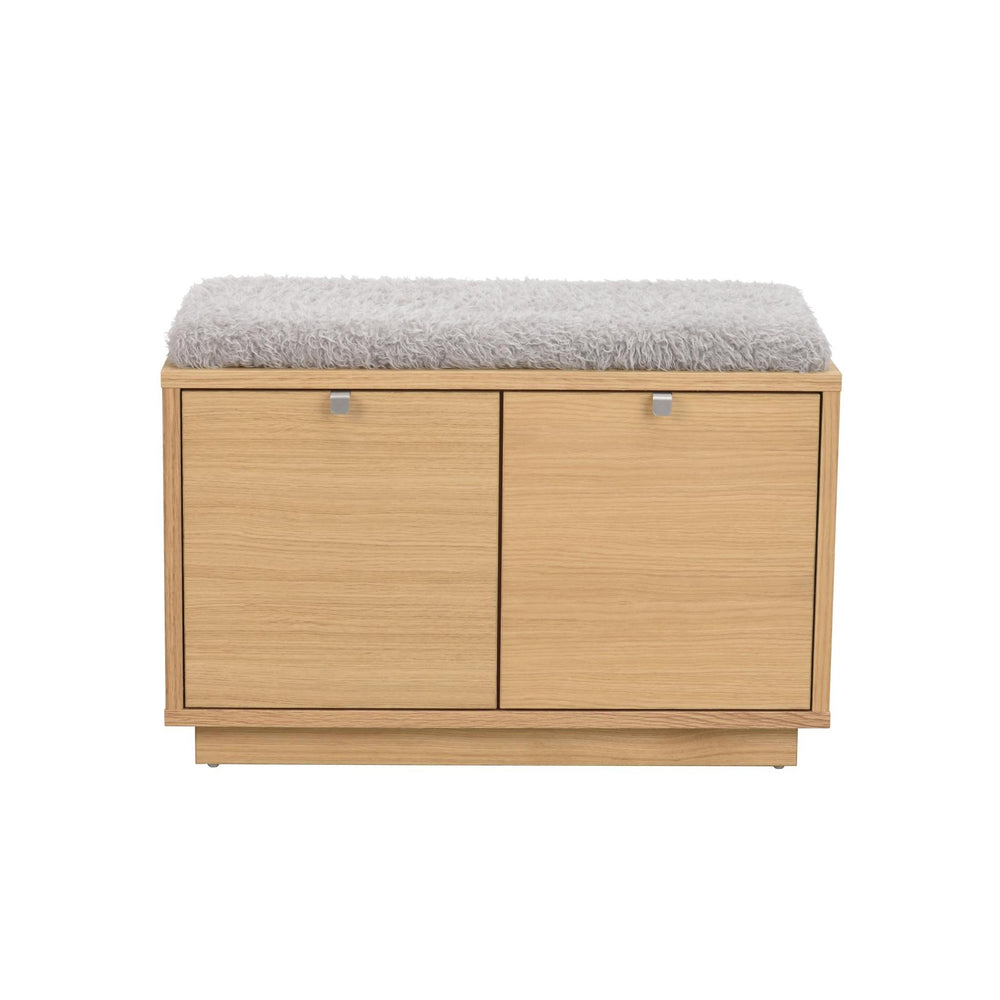 Hallbänk i ek med grå mockasits och två skjutdörrar för förvaring