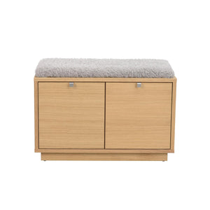 Hallbänk i ek med grå mockasits och två skjutdörrar för förvaring