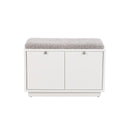 Vit skobänk med två luckor och grå fluffig sittdyna, modern förvaring för hall