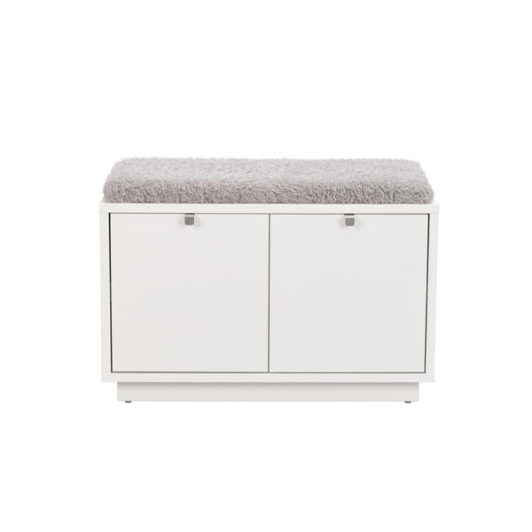 Vit skobänk med två luckor och grå fluffig sittdyna, modern förvaring för hall