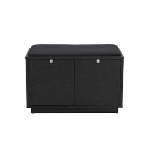 Svart skobänk med två dörrar och grå sittdyna, modern design i trä