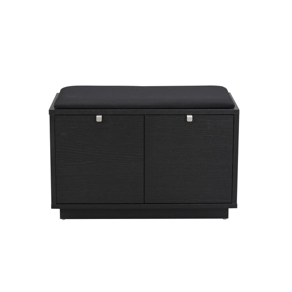 Svart skobänk med två dörrar och grå sittdyna, modern design i trä