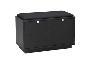 Svart hallbänk med stoppad sittdyna och två förvaringsluckor med silverfärgade handtag