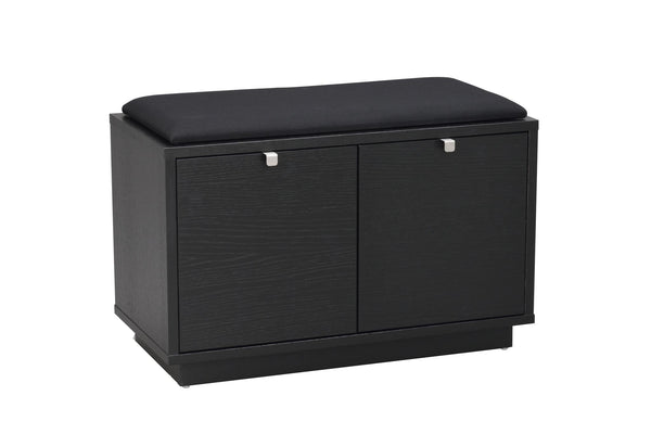 Svart hallbänk med stoppad sittdyna och två förvaringsluckor med silverfärgade handtag