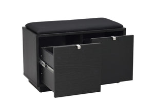 Svart skobänk med två utdragslådor och stoppad sittdyna, modern förvaring för hallen