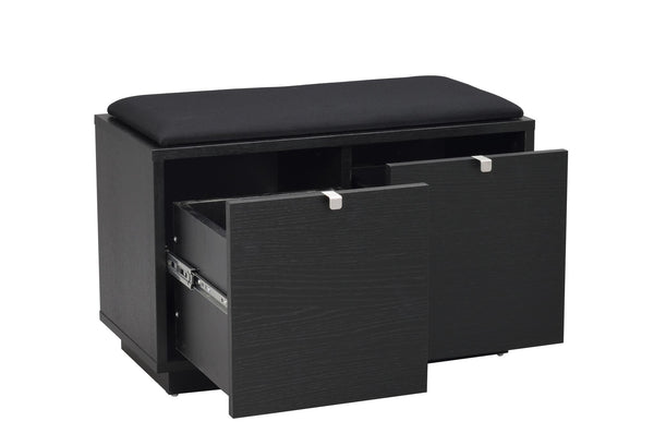 Svart skobänk med två utdragslådor och stoppad sittdyna, modern förvaring för hallen