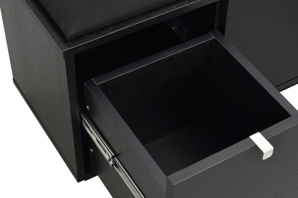 Öppen låda i svart skrivbord med metallskenor och vit handtagslist, tom insida med svart botten