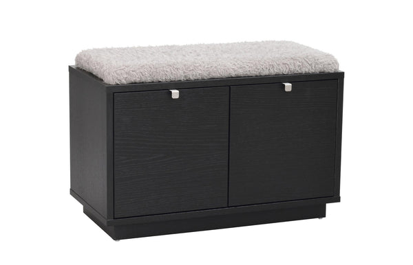 Svart skoskåp med två luckor och grå sittdyna på toppen, perfekt för förvaring i hallen