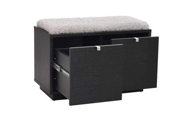 Svart hallbänk med två utdragbara lådor och vit sittdyna i konstpäls