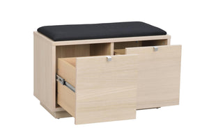 Hallbänk i ljust trä med svart stoppad sittdyna och två utdragbara lådor med förvaringsutrymme